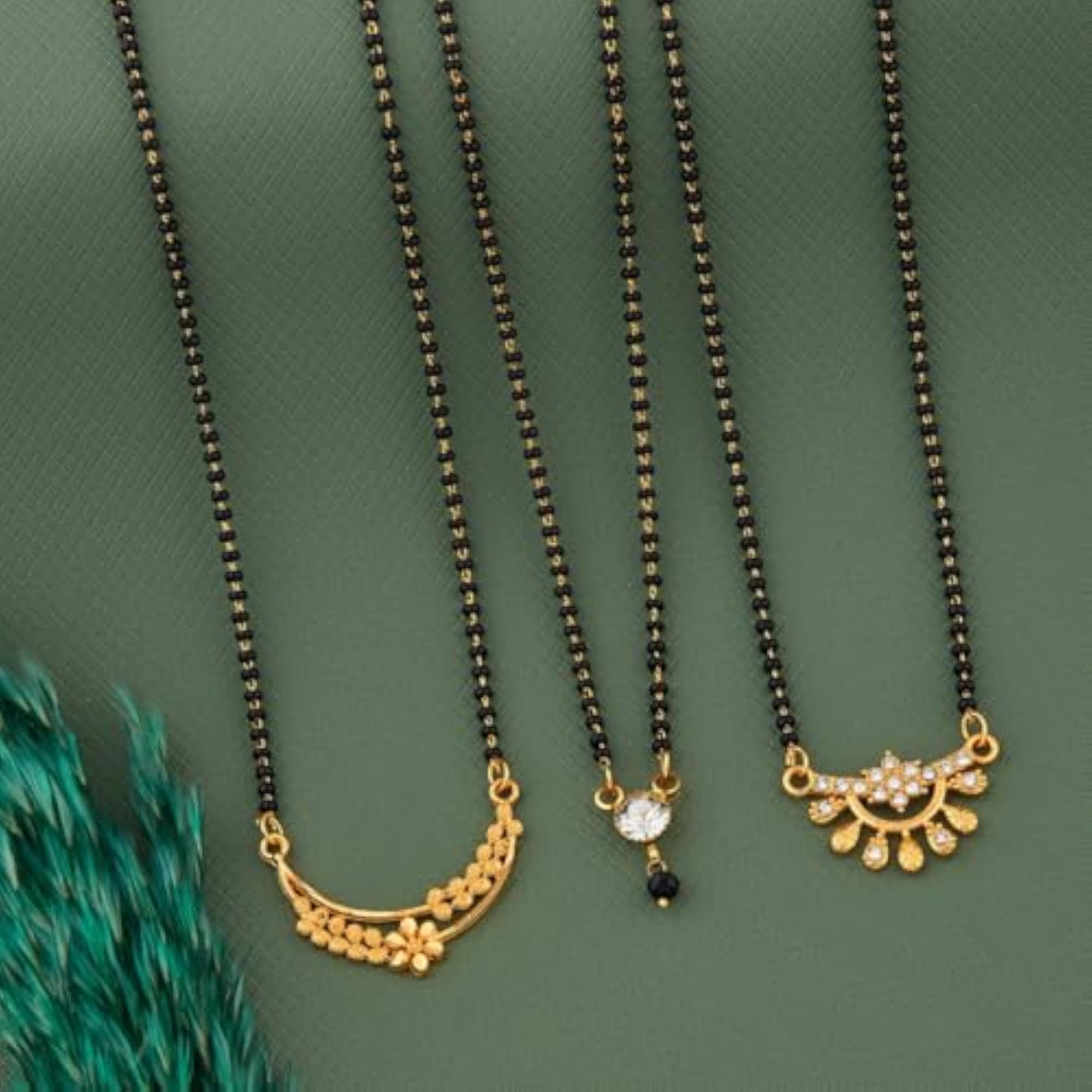 Gold Mangalsutra Set with Black Beads and Crystal Pendants